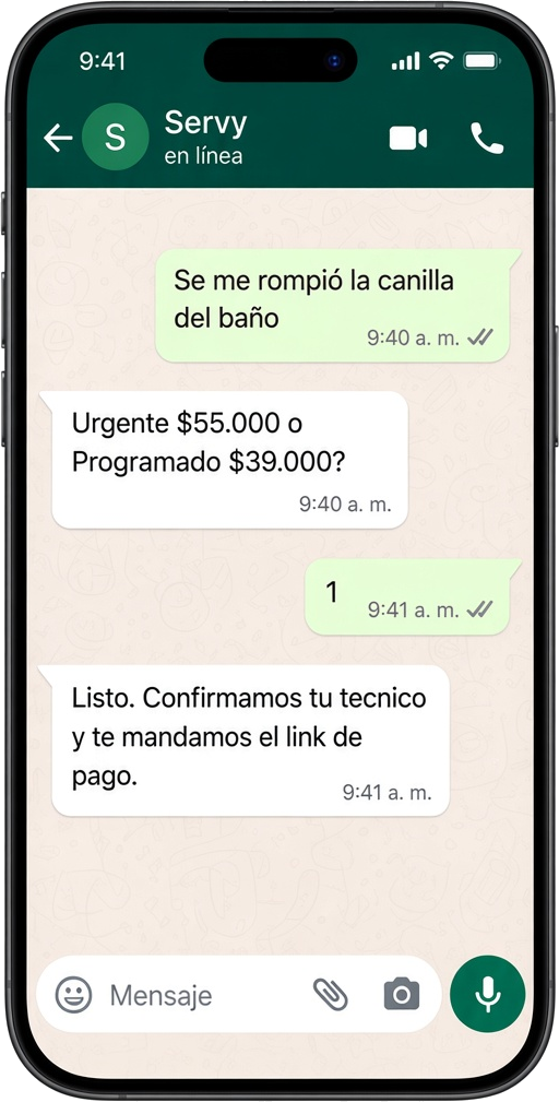 Chat de WhatsApp con Servy: el cliente cuenta el problema, elige visita urgente o programada y recibe el link de pago